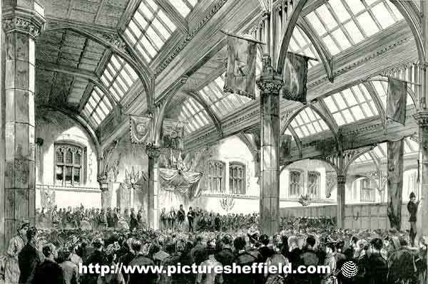 The Shah of Persia [Iran] in England - scene in the Corn Exchange, Sheffield, during the presentation of an address from the Mayor