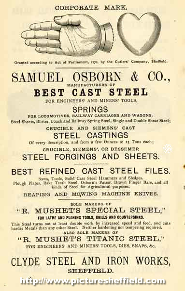 Advertisement for Samuel Osborn and Co., steel converter and refiner, Clyde Steel and Iron Works