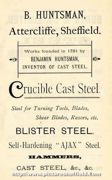 Advertisement for B. Huntsman, crucible cast steel manufacturer, Attercliffe