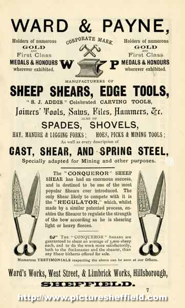 Advertisement for Ward and Payne, edge tool manufacturer, Ward's Works, West Street and Limbrick Works, Hillsborough