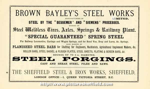 Advertisement for Brown Bayleys Steel Works Ltd., Sheffield Steel and Iron Works, Milner Road, Attercliffe