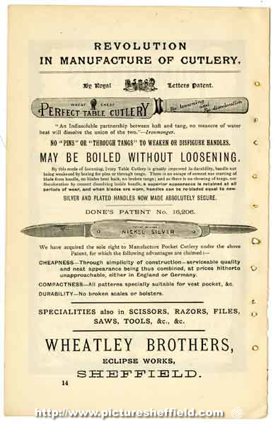 Advertisement for Wheatley Brothers, cutlery manufacturers, Eclipse Works, Nos. 53-55, Boston Street (formerly New George Street)