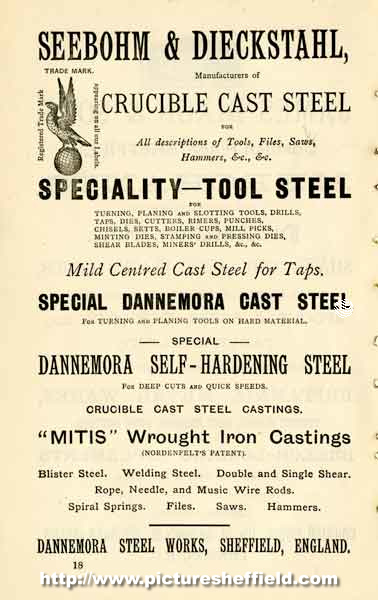 Advertisement for Seebohm and Dieckstahl Ltd., crucible cast steel manufacturers, Dannemora Steel Works