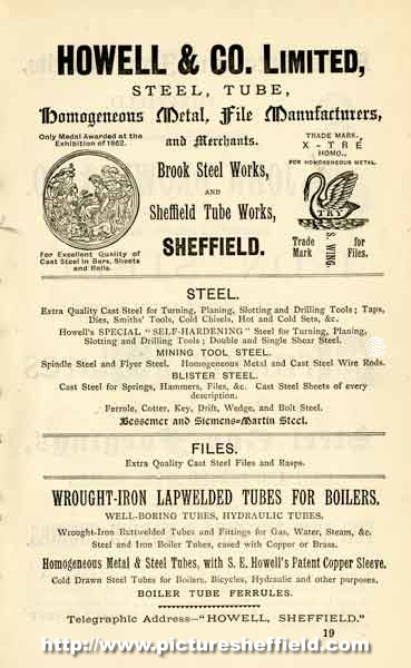 Advertisement for Howell and Co. Ltd., Brook Steel Works and Sheffield Tube Works, steel manufacturers, Alsing Road, Meadowhall
