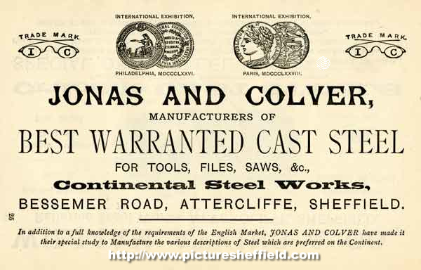 Advertisement for Jonas and Colver Ltd., steel manufacturers, Continental Steel Works, Bessemer Road, Attercliffe