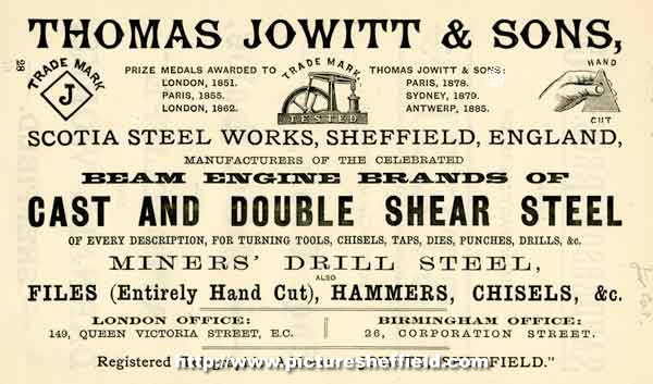 Advertisement for Thomas Jowitt and Sons, files, rasp and engineers tools manufacturer, Scotia Steel Works, Green Lane, Netherthorpe 