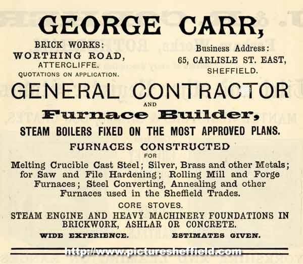 Advertisement for George Carr, general contractor / furnace builder, No.65 Carlisle Street East, Grimesthorpe