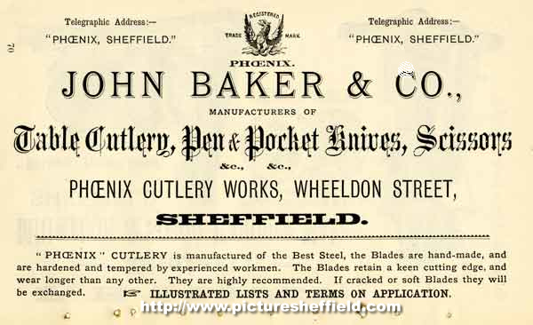 Advertisement for John Baker and Co., manufacturers of table cutlery, pen and pocket knives and scissors, Phoenix Cutlery Works, Wheeldon Street