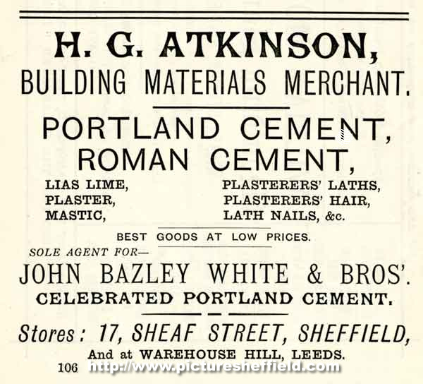 Advertisement for H. G. Atkinson, building materials merchant, No.17 Sheaf Street