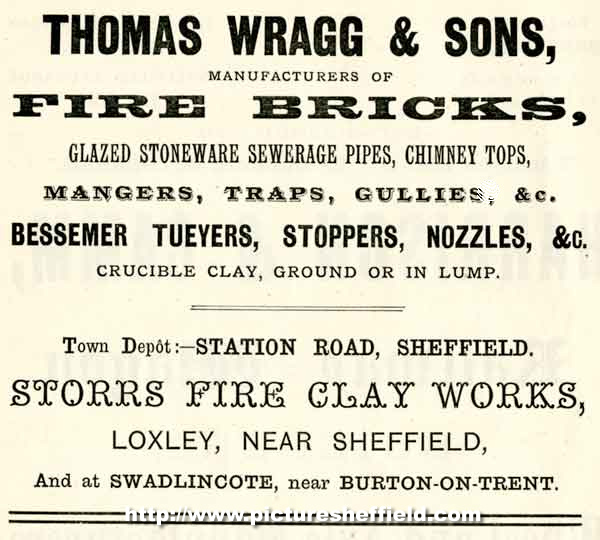 Advertisement for Thomas Wragg and Sons, fire brick manufacturers, Storrs Fire Clay Works, Loxley