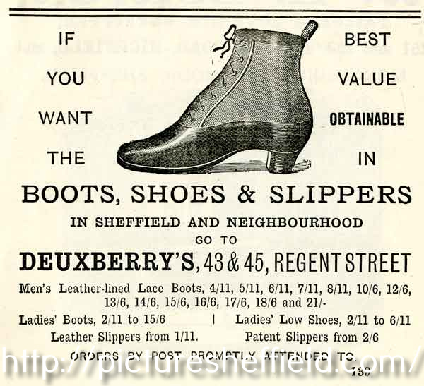 Advertisement for Deuxberry's, boots, shoes and slippers, Nos.43-45 Regent Street