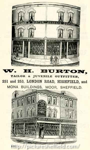 Advertisement for W. H. Burton (latterly Burton Montague Ltd), tailors, Nos.251-253 London Road and Mona Buildings, The Moor