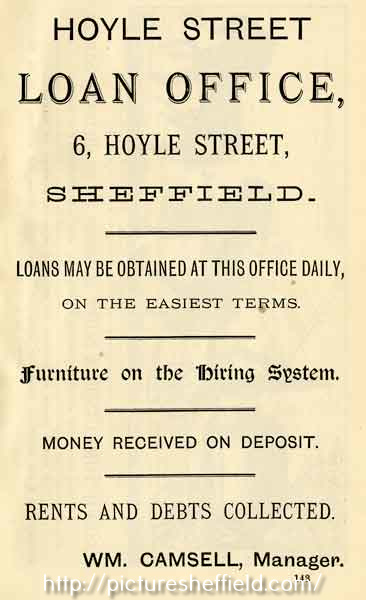 Advertisement for Hoyle Street Loan Office, No.6 Hoyle Street, Netherthorpe