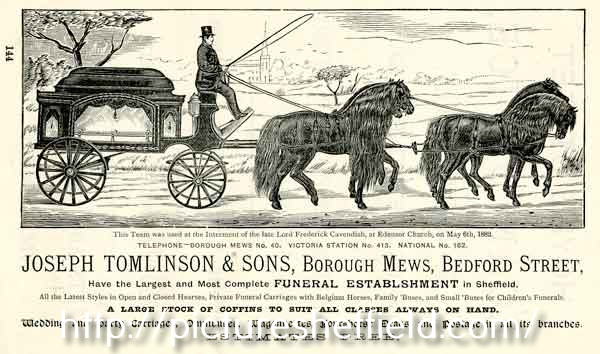 Advertisement for Joseph Tomlinson and Sons, funeral directors, Borough Mews, Bedford Street