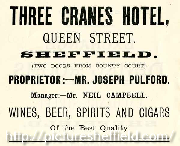 Advertisement for Three Cranes Hotel, No.74 Queen Street