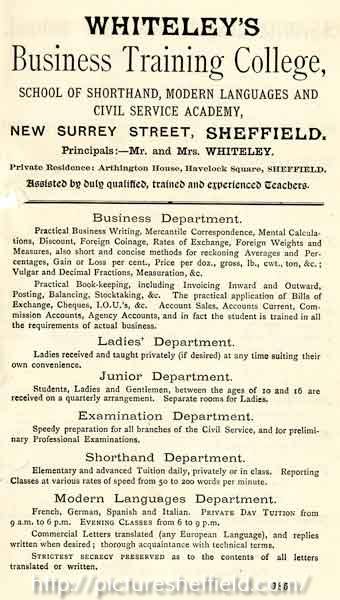Advertisement for Whiteley's Business Training College, New Surrey Street