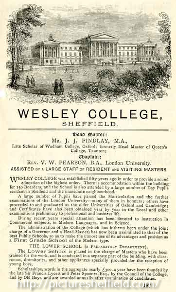 Advertisement for the Wesley College, Glossop Road, former Wesleyan Proprietary Grammar School, erected 1838. Became King Edward VII School, which opened September 1905. Formed by the amalgamation of Royal Grammar School and Wesley College 
