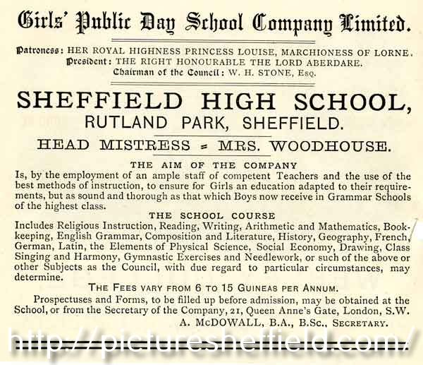 Advertisement for Sheffield High School (Girls Public Day School Company Limited), Rutland Park