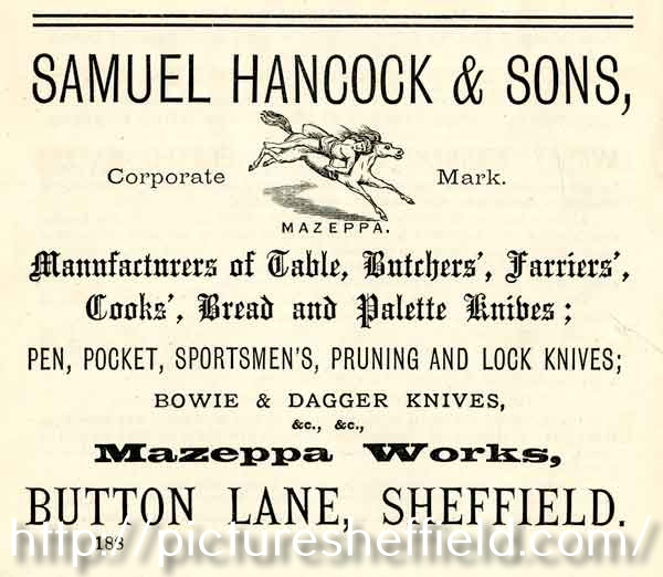Advertisement for Samuel Hancock and Sons, Mazeppa Works, Button Lane