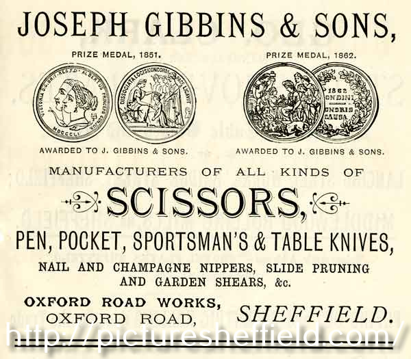 Advertisement for Joseph Gibbins and Sons and Sons, scissor and knife manufacturers, Oxford Road Works, Oxford Road