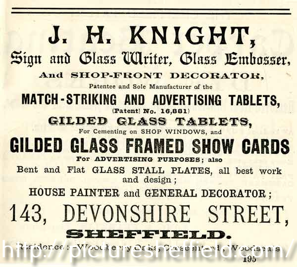 Advertisement for J. H. Knight, sign and glass writer, No.143 Devonshire Street