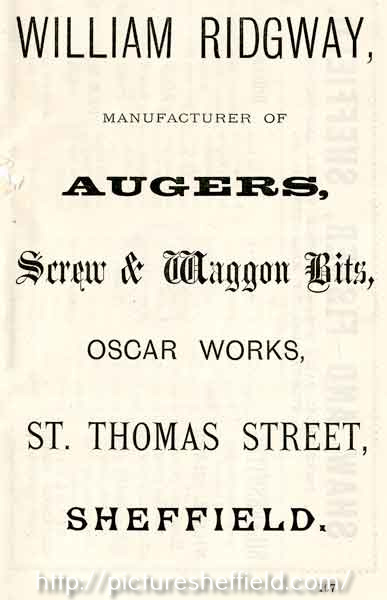 Advertisement for William Ridgway, manufacturers of augers, screw and waggon bits, Oscar Works, St.Thomas Street
