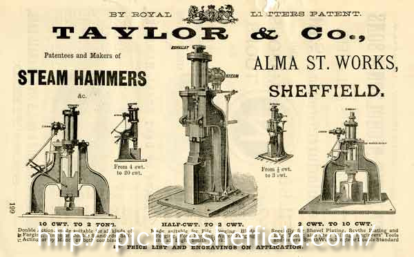 Advertisement for Taylor and Co., steam hammer manufacturers, Alma Street Works, Alma Street