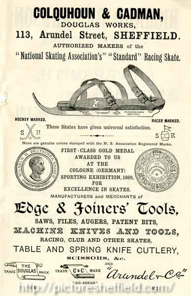Advertisement for Colquhoun and Cadman, skate and knife manufacturers and edge and joiners tools, Douglas Works, No.113 Arundel Street