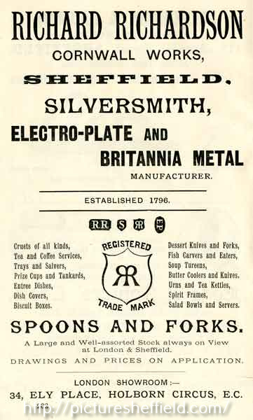 Advertisement for Richard Richardson, silversmith and electro-plate and Britannia metal manufacturer, Cornwall Works, South Parade, Netherthorpe