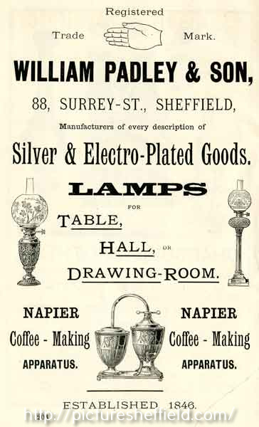 Advertisement for William Padley and Son, manufacturers of silver and electro-plated goods, No.88 Surrey Street