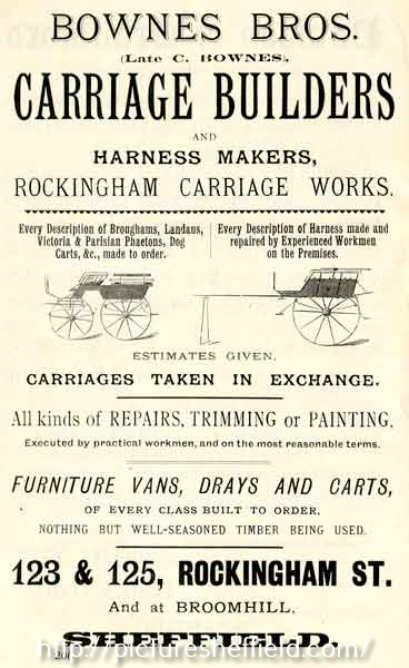 Advertisement for Bownes Brothers, carriage builders and harness makers, Rockingham Carriage Works, Nos. 123-125 Rockingham Street
