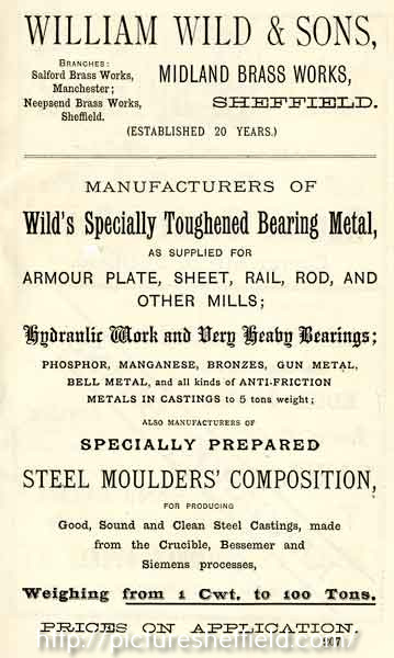 Advertisement for William Wild and Sons, manufacturers of toughened bearing metal, Midland Brass Works, Liverpool Street, Attercliffe 
