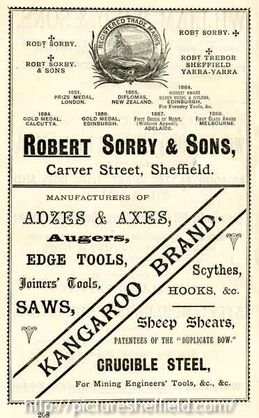 Advertisement for Robert Sorby and Sons, edge tool manufacturers, Carver Street 
