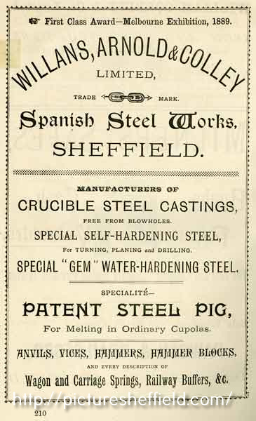 Advertisement for Willans, Arnold and Colley, manufacturers of crucible steel castings, Spanish Steel Works, Darnall
