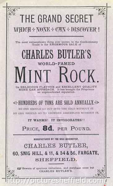 Advertisement for Charles Butler's world famed mint rock - It warms! It invigorates!!