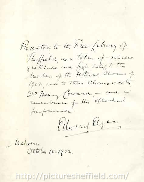 Handwritten note by Edward Elgar from a presentation copy of The Dream of Gerontius, presented to the Free Library of Sheffield after a performance of the work by the Sheffield Music Festival Chorus in 1902