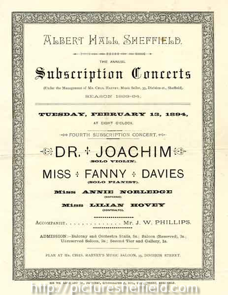 Albert Hall, Sheffield, annual subscription concerts - Dr Joachim and Miss Fanny Davies, Miss Annie Norledge and Miss Lilian Hovey