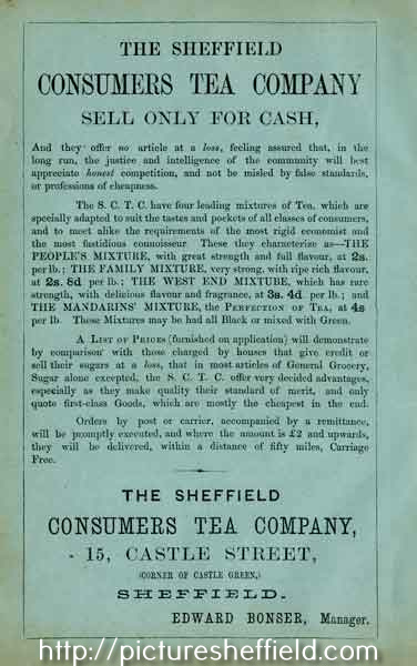 Sheffield Consumers Tea Company, No. 15 Castle Street, advertisement