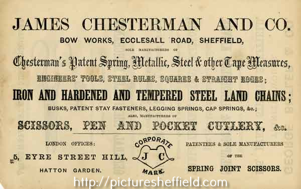 Advertisement for James Chesterman and Co., tape measures, rulers, tools, cutlery, etc., Bow Works, Ecclesall Road