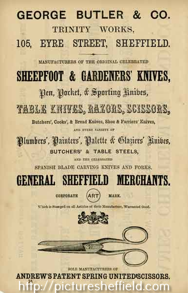 Advertisement for George Butler, knives, razors and scissors, Trinity Works, 105 Eyre Street 