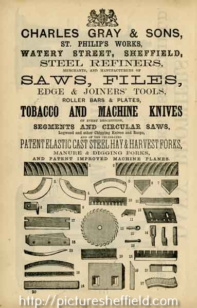 Advertisement for Charles Gray and Sons, steel refiners, tool and knife manufactures, etc., St Philip's Works, Watery Street