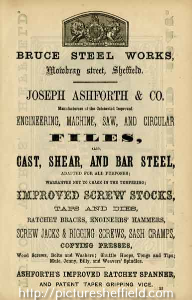 Advertisement for Joseph Ashforth and Co., files, taps and dies, etc., Bruce Steelworks, Mowbray Street