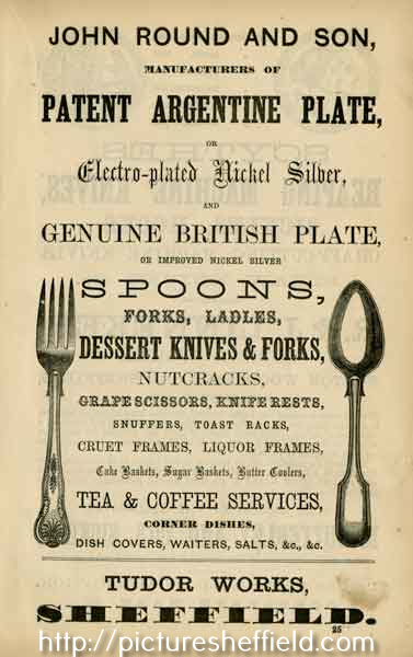 Advertisement for John Round and Son, manufacturers of Argentine Plate,  etc.,Tudor Works, No. 6 Tudor Street