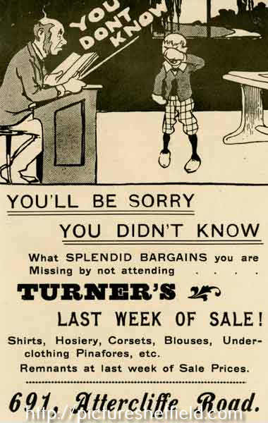 Advertisement for C. A. Turner and Co., shirt and drapery warehouse, No. 691 Attercliffe Road