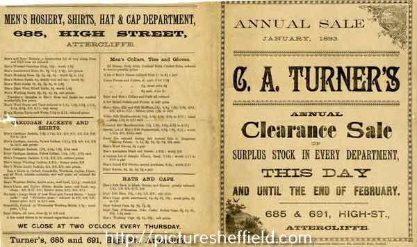 Advertisement for C. A. Turner and Co., shirt and drapery warehouse, No. 691 Attercliffe Road - clearance sale
