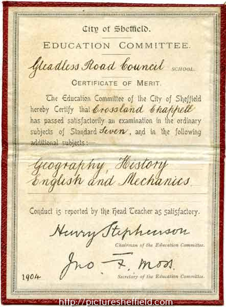 City of Sheffield Education Committee Certificate of Merit awarded to Crossland Chappell of Gleadless Road Council School