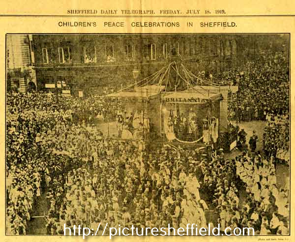 Children's Peace Celebrations in Sheffield. The scene at the Town Hall, showing two of the Tableaux.