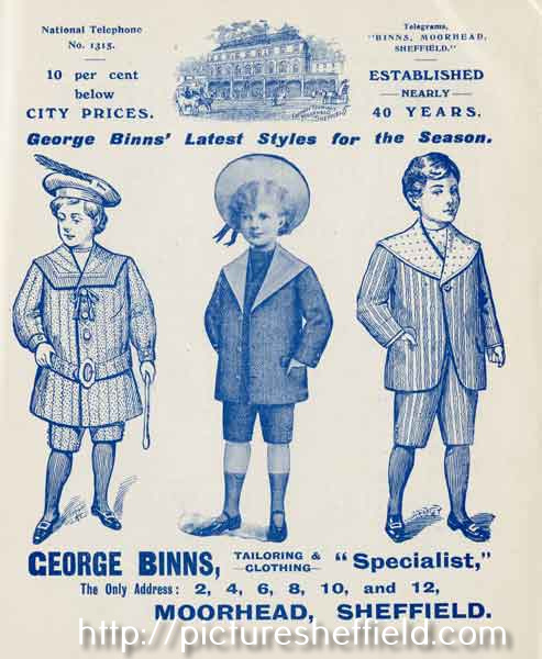 Advertisement for George Binns, tailoring and clothing, 2-12 Moorhead - latest styles for the season
