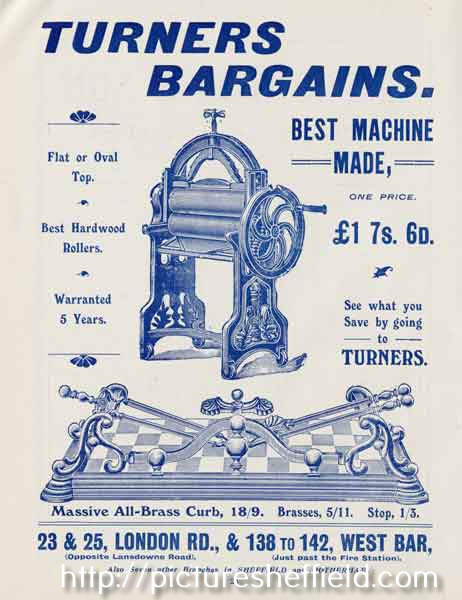 Advertisement for Turner's Bargains (pawnbrokers), 23 and 25 London Road and 138-142 West Bar