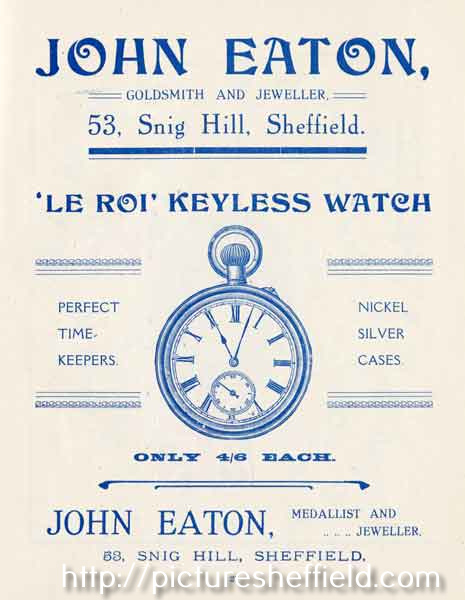 Advertisement for John Eaton, goldsmith and jeweller, No. 53 Snig Hill